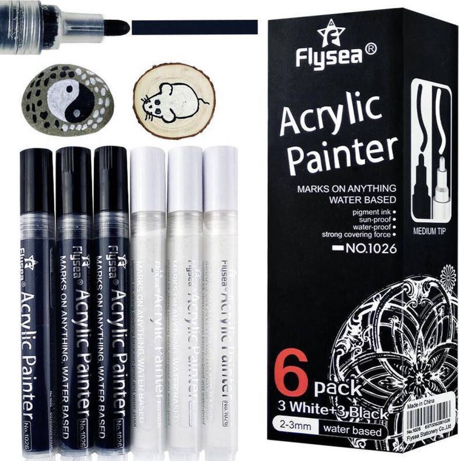 Flysea Acrylverfpennen 6-pack acrylverfmarkeerstiften 2-3 mm Acryl markers 3 Zwart en 3 witte verfpennen voor rotsschildering steen keramiek glas hout leer plastic stof