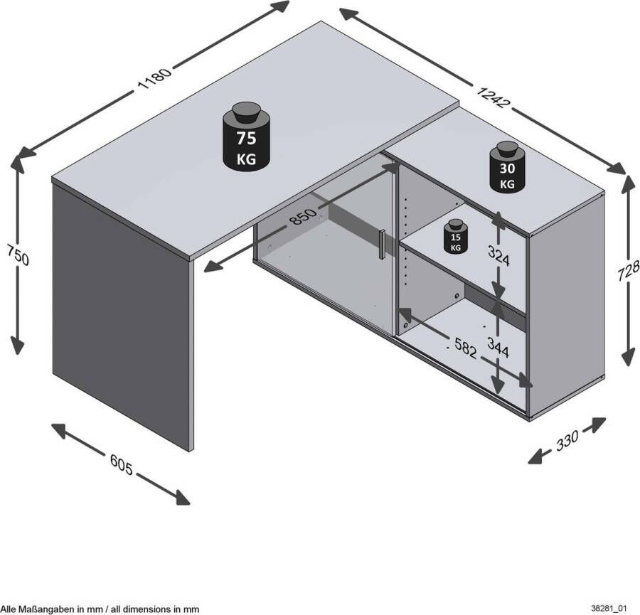 FMD Bureau d'Angle Modulable avec Étagères de Rangement Valley