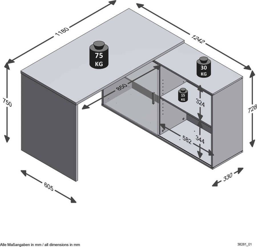 FMD Hoekbureau Valley Breedte 118 cm