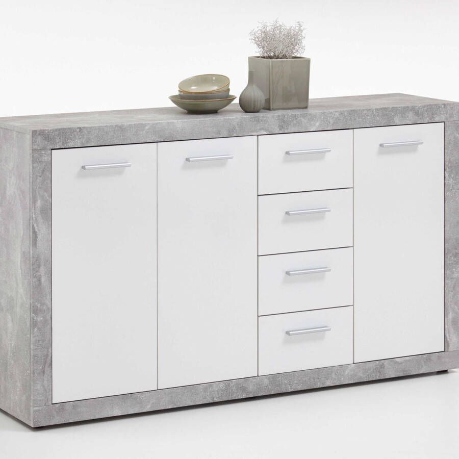 FMD Commode Turbo met 3 deuren & 4 laden beton hoogglans wit