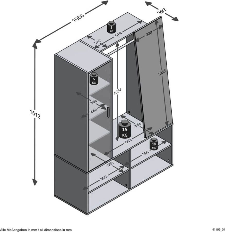 FMD -Kledingkast-met-4-vakken-en-spiegel-105x39 7x151 3-cm-wit