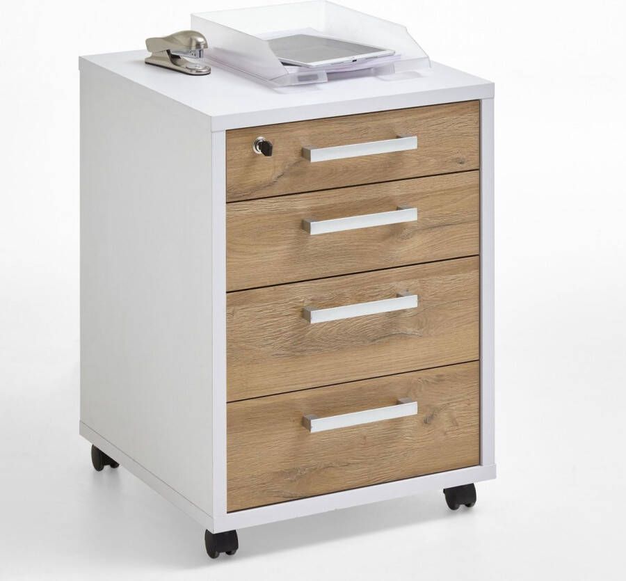 FMD -Ladekast-verrijdbaar-48x49 5x65 5-cm-wit-en-eikenkleurig