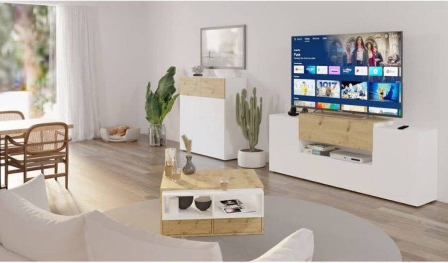 FMD Salontafel 2 open vakken 91 8x71 5x45 cm wit en artisan eiken