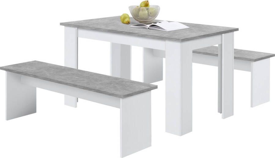 FMD Set eettafel + 2 banken Mundo beton wit