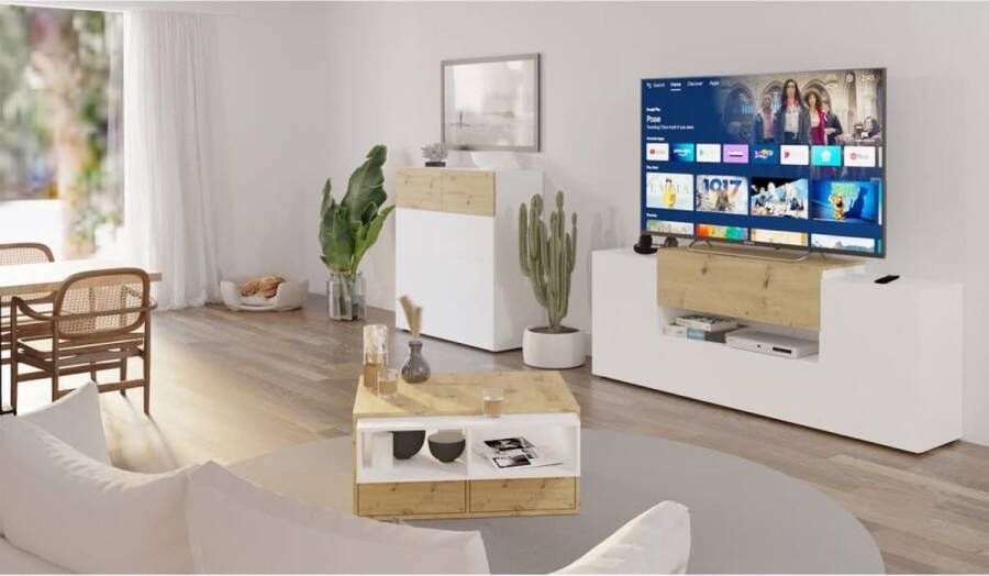 FMD -Tv-meubel-182x33x70 2-cm-artisan-eikenkleurig-wit