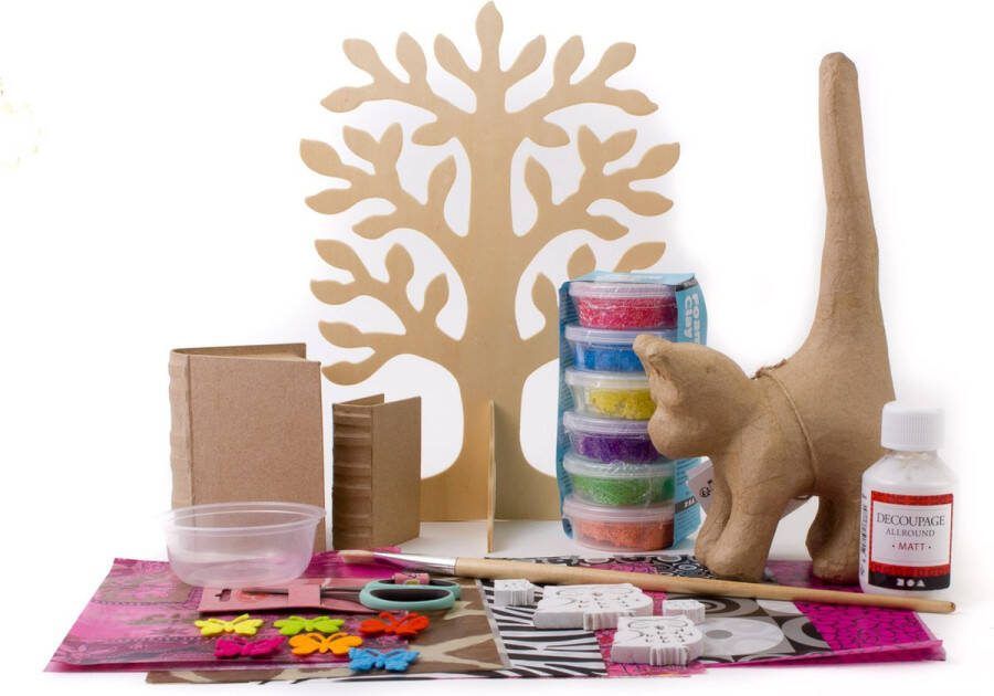 Foam clay creotime Luxe Decopatch decoupage hobbybox servettentechniek foam clay poes sieradenboom leesboek uiltjes vlinders uniek populair communie geschenk box volwassenen tieners complete set knutselpakket decoratief interieur pakket