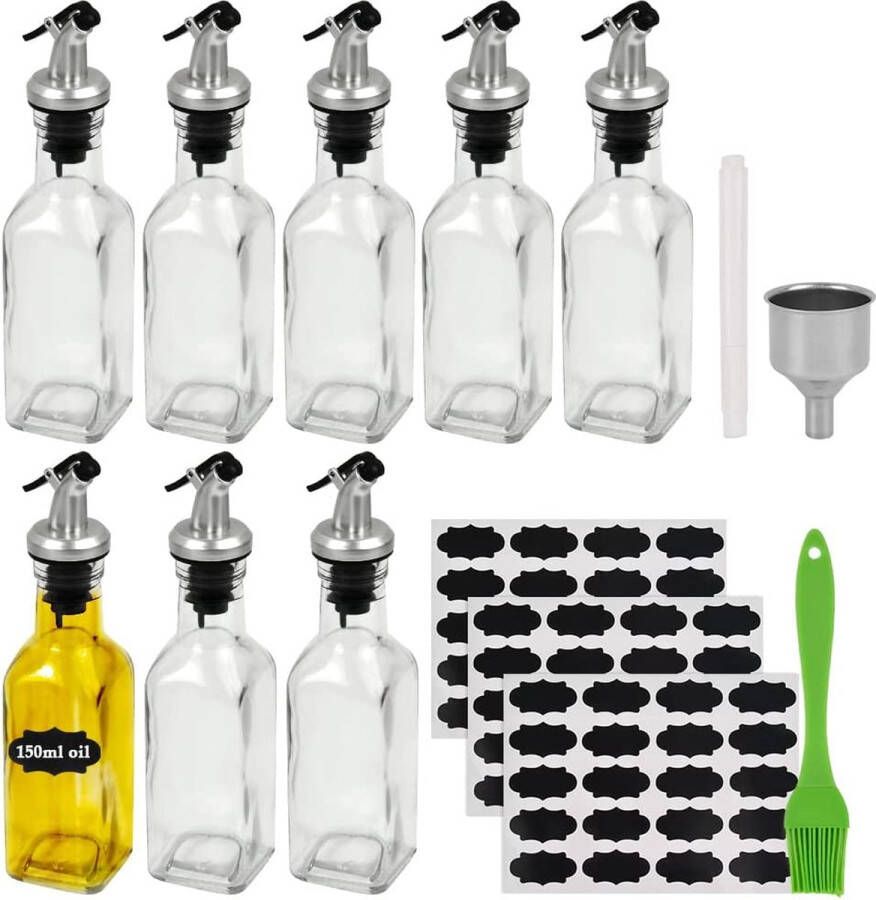 FOCCTEN Oliefles met dispenser 8 stuks Voedseloliefles 150ml Keukenoliedispenserfles Azijn en oliedispenserset met trechter aangroeiwerende hoes etiket voor koken salade barbecue-accessoires