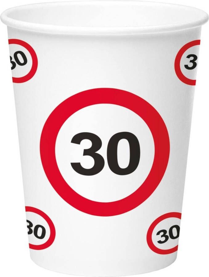 Folat 16x stuks drinkbekers van papier in 30 jaar verjaardag print van 350 ml Stopbord verkeersbord thema