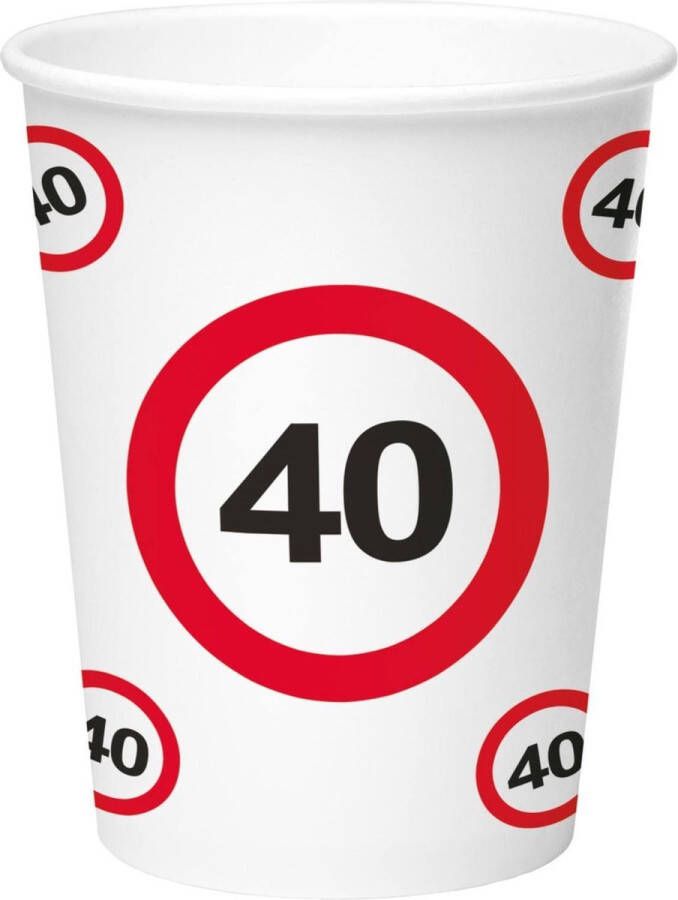 Folat 16x stuks drinkbekers van papier in 40 jaar verjaardag print van 350 ml Stopbord verkeersbord thema