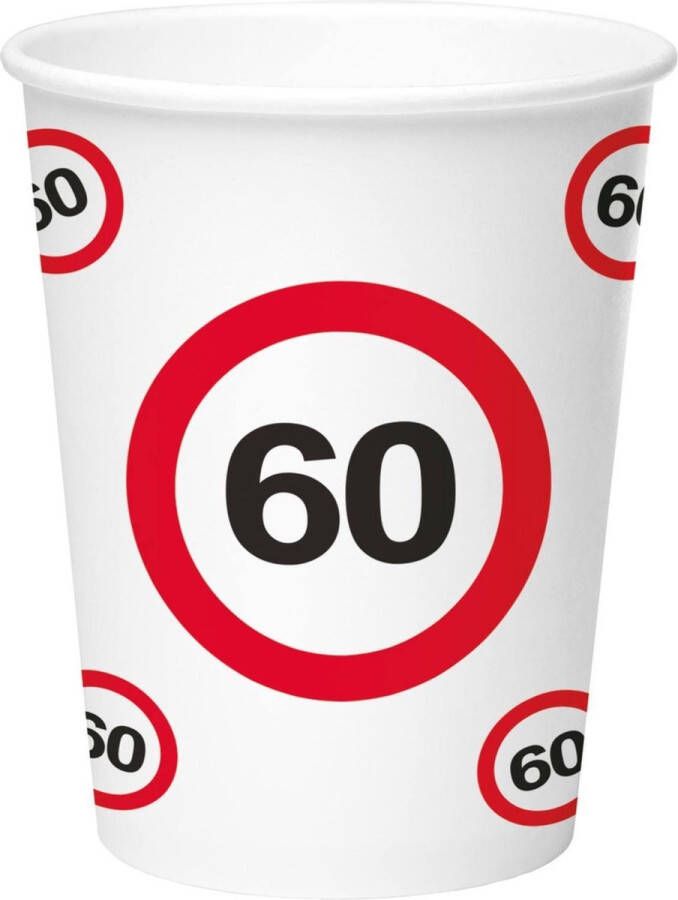 Folat 16x stuks drinkbekers van papier in 60 jaar verjaardag print van 350 ml Stopbord verkeersbord thema