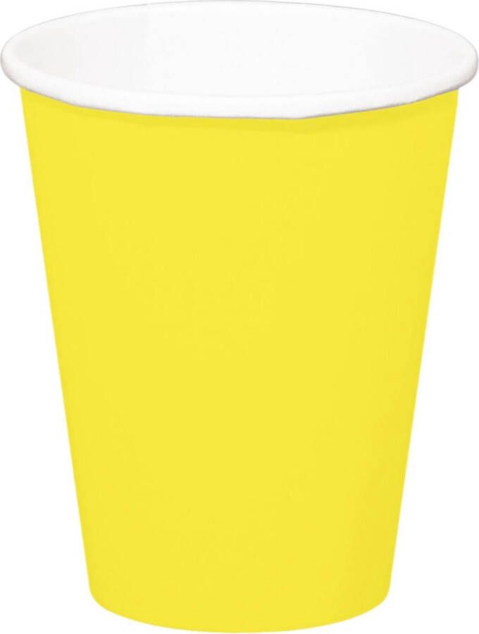 Folat 24x stuks drinkbekers van papier geel 350 ml Uni kleuren thema voor verjaardag of feestje