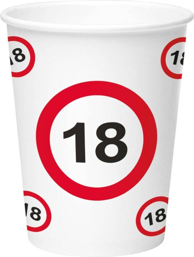 Folat 24x stuks drinkbekers van papier in 18 jaar verjaardag print van 350 ml Stopbord verkeersbord thema