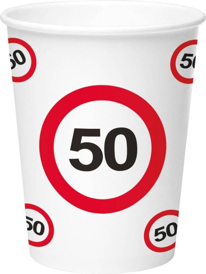 Folat 32x stuks drinkbekers van papier in 50 jaar verjaardag print van 350 ml Stopbord verkeersbord thema