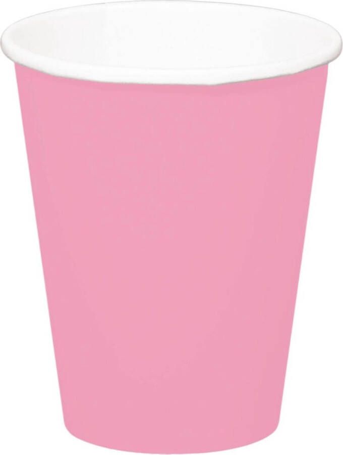 Folat 32x stuks drinkbekers van papier roze 350 ml Uni kleuren thema voor verjaardag of feestje