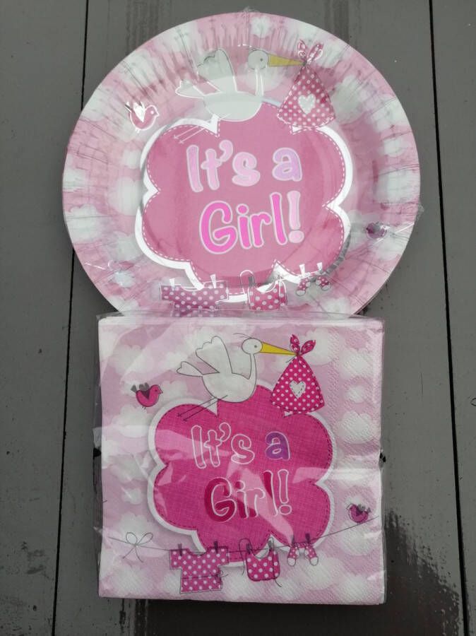 Folat Babyshower Set Roze Meisje 8 Stuks Bordjes + 20 Servetten Geboorte Kraamfeest