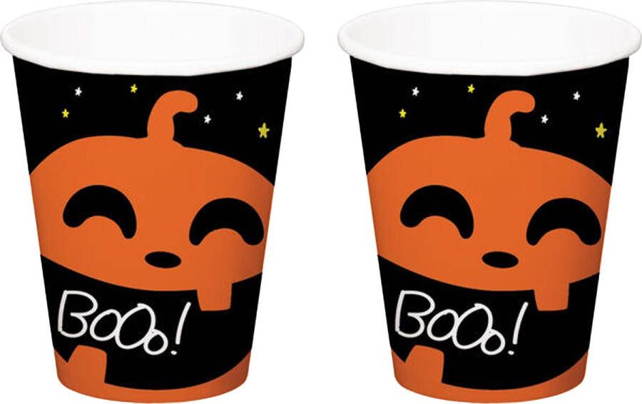 Folat Halloween thema feest beker 12x pompoen BoOo! print papier 250 ml Feestbekertjes