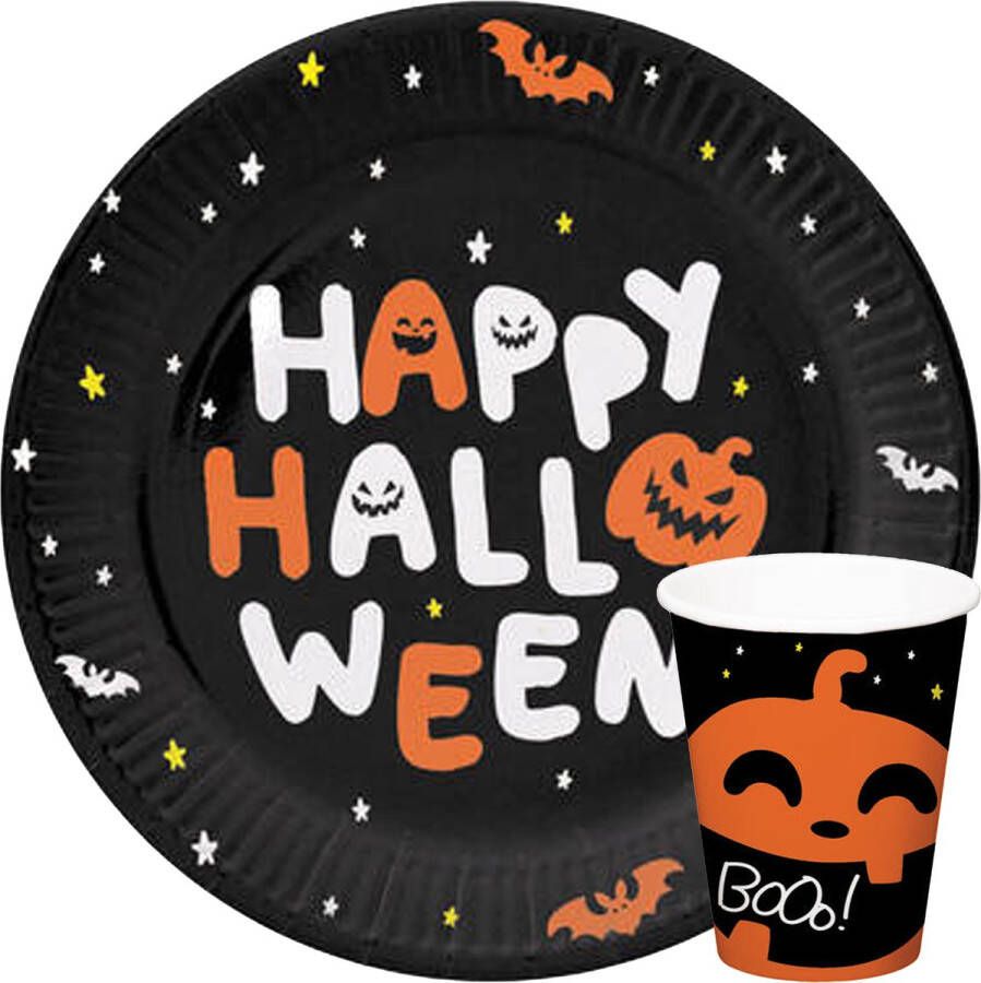 Folat Halloween thema feest servies set bord en beker 24x pompoen BoOo! print papier