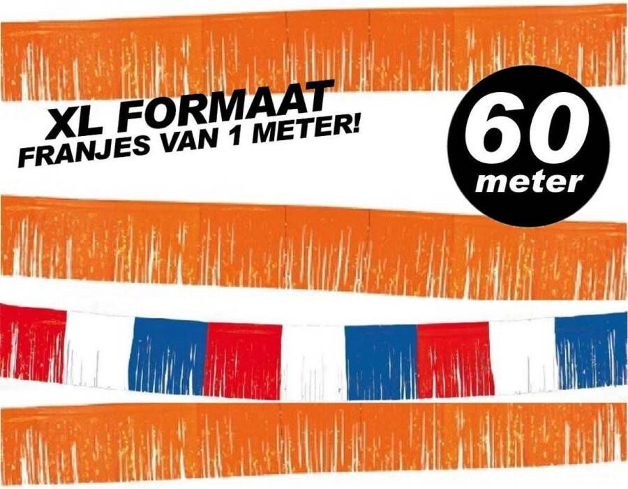 Folat EK VOETBAL 2024 Mega Formaat Franje Slingers totale lengte 60 meter XXL franjes oranje + rood wit blauw van 1 meter breed voordeelpakket 60 meter Koningsdag