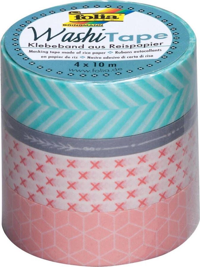 Folia 7x washi tape geometrie pak met 4 stuks in geassorteerde kleuren