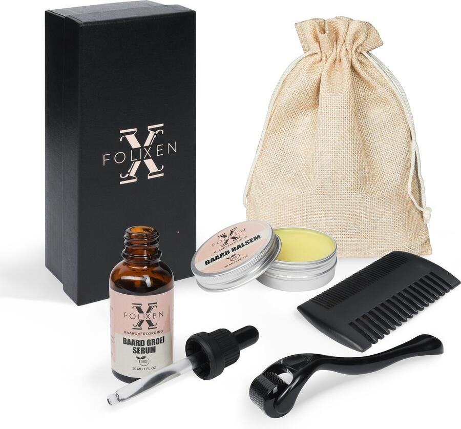 Folixen Natuurlijke Baardgroei Kit met Baardroller Baard Verzorging Hulpmiddelen met Baardkam Verzorg Set om Baardgroei te Stimuleren Baardgroei Olie met Dermaroller voor Haargroei Baardolie Baardbalsem Skin Roller Barber Kit