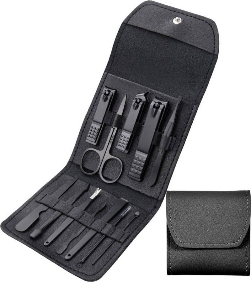 FOLQON 12-delige Pedicure en Manicure Set 3 Nagelknippers Complete Pedicureset Nagelschaar Nagelvijl Nageltang Teennagelknipper Kalknagel Zwart