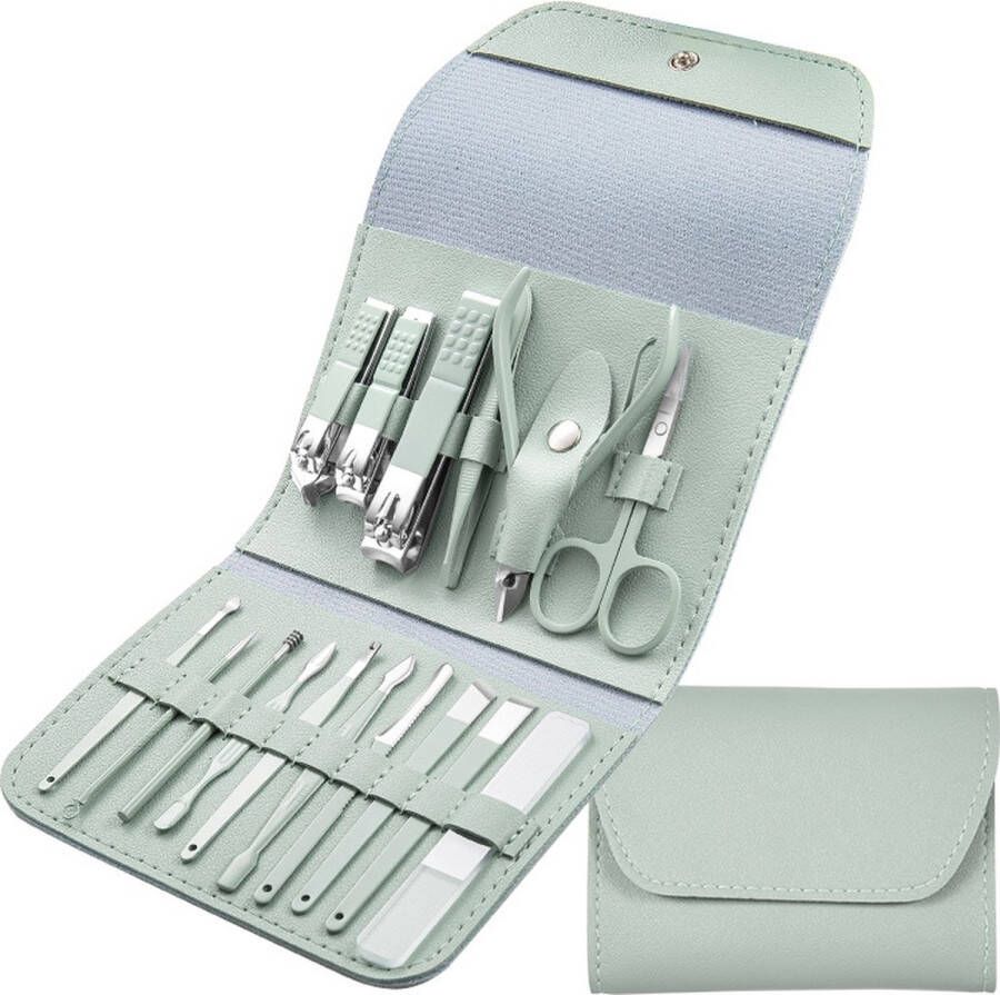 FOLQON 16-delige Pedicure Manicure en Wenkbrauw Set 3 Nagelknippers Complete Pedicureset Nagelschaar Nagelvijl Nageltang Teennagelknipper Kalknagel Groen