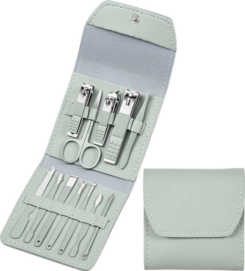 FOLQON 12-delige Pedicure en Manicure Set 3 Nagelknippers Complete Pedicureset Nagelschaar Nagelvijl Nageltang Teennagelknipper Kalknagel Groen