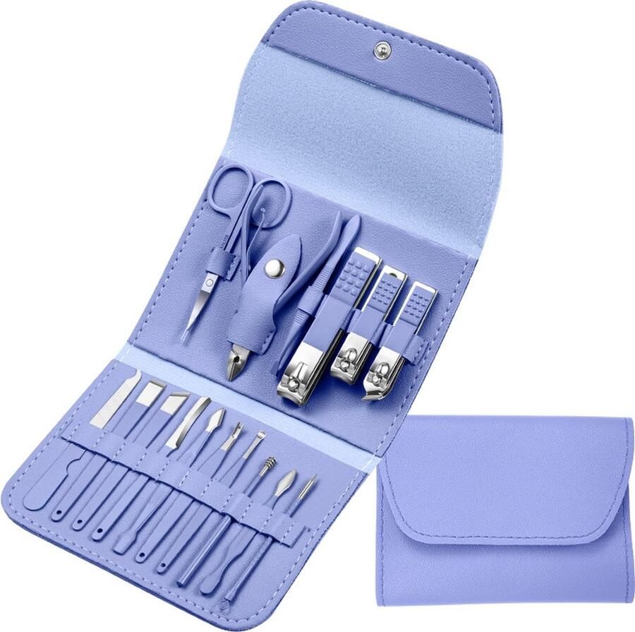 FOLQON 16-delige Pedicure Manicure en Wenkbrauw Set 3 Nagelknippers Complete Pedicureset Nagelschaar Nagelvijl Nageltang Teennagelknipper Kalknagel Blauw