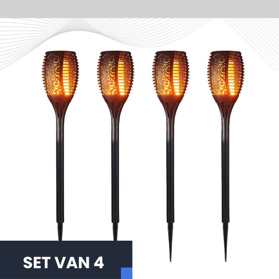 Fonkel Set 4 stuks LED Tuinfakkels Zonneenergie Zwart Solar Tuinverlichting Zonne Energie Tuinfakkels Solar Vlameffect Solar Fakkel IP44 Eenvoudige Installatie Padverlichting Prikspots Buiten Tuinlantaarns Buitenverlichting
