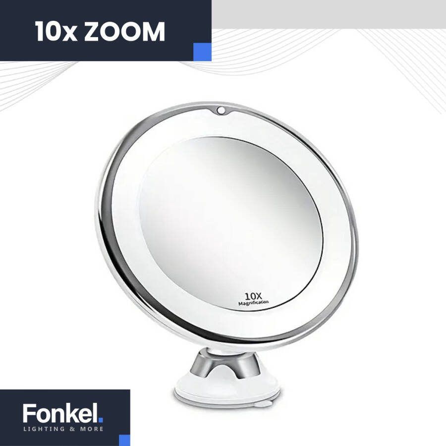 FONKEL Ultra LED Make Up Spiegel met Verlichting en 10x Vergroting Scheerspiegel met Zuignap 360° Verstelbaar – Draadloos 3 AAA Batterijen