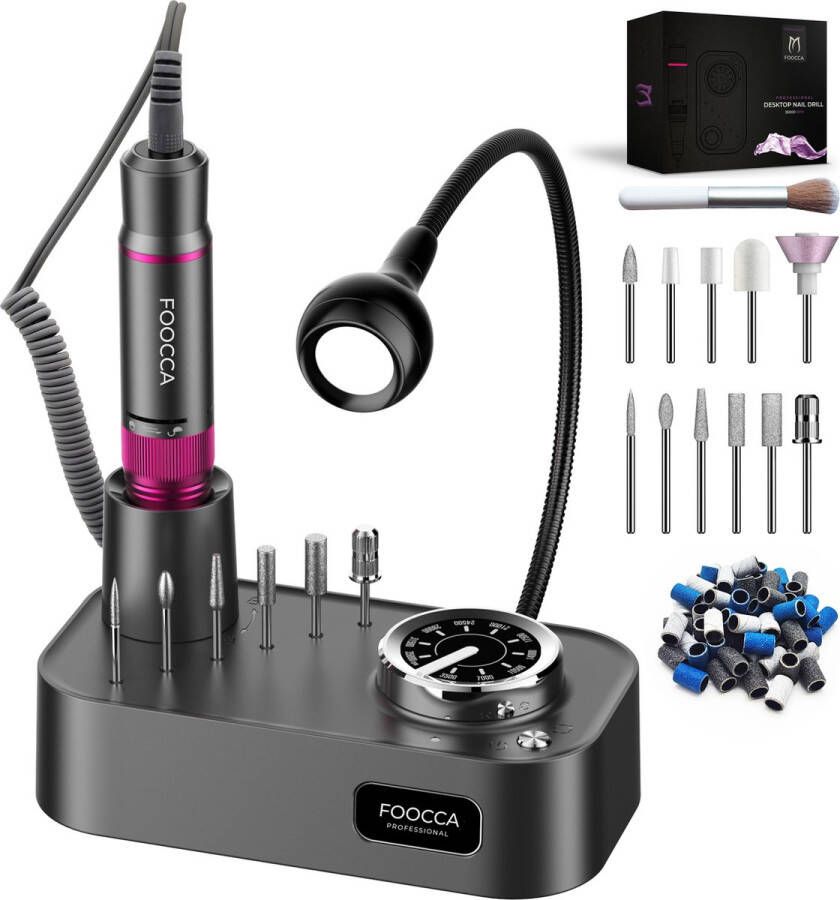 FOOCCA Elektrische Nagelvijl 35000 RPM PRO Desktop LED Lamp Nagelfrees Manicure en Pedicure Set Eeltverwijderaar 11 Bitjes en 65 Schuurrolletjes (uitbreidbaar) Nagelstofkwast