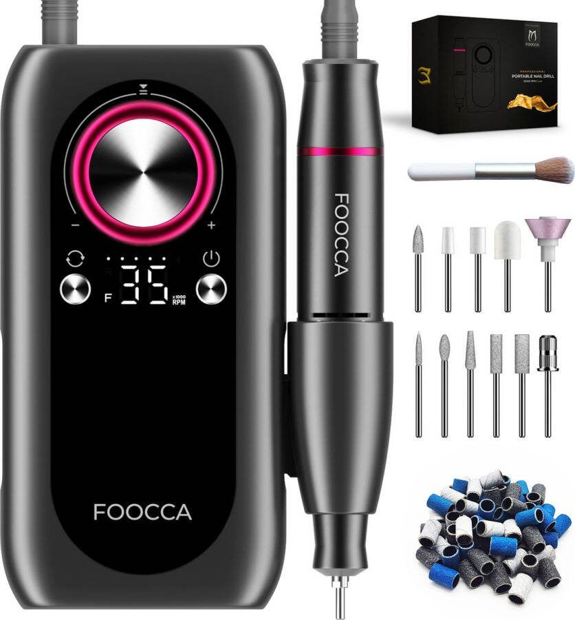 FOOCCA Elektrische Nagelvijl 35000 RPM PRO Luxe Oplaadbaar Nagelfrees Manicure en Pedicure Set Eeltverwijderaar 6000 mAh Accu Powerbank Functie Broekriemclip 11 Bitjes en 65 Schuurrolletjes (uitbreidbaar) Nagelstofkwast