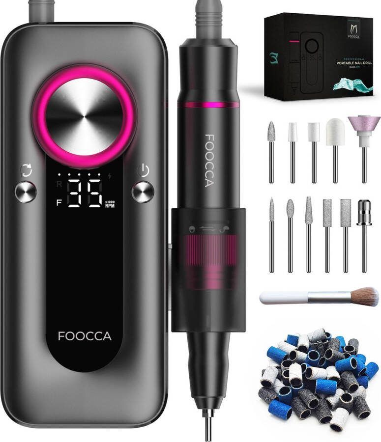 FOOCCA Elektrische Nagelvijl 35000 RPM PRO Oplaadbaar Nagelfrees Manicure en Pedicure Set Eeltverwijderaar 4000 mAh Accu Draagbaar Broekriemclip 11 Bitjes en 65 Schuurrolletjes (uitbreidbaar) Nagelstofkwast