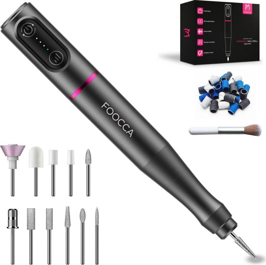 FOOCCA Elektrische Nagelvijl Draadloos 20000 RPM Nagelfrees Manicure en Pedicure Set Oplaadbaar Ergonomisch Eeltverwijderaar Aluminium Behuizing 11 Bitjes en 35 Schuurrolletjes (uitbreidbaar)