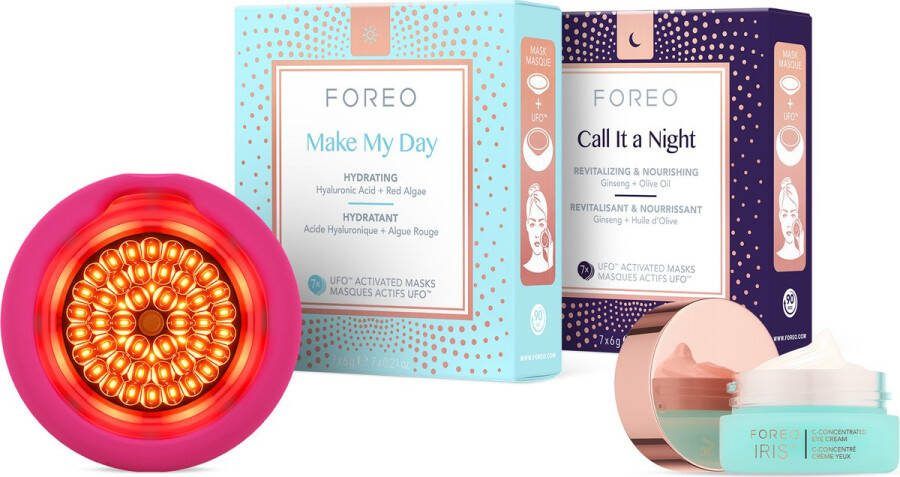 FOREO Hydraterende UFO 3 LED Set Gezichtsmasker Huidverzorgingsapparaat + 14 UFO Geactiveerde Maskers + IRIS C-Concentrated Oogcrème 15 ml Moisturiser Volspectrum LED NIR & Rode Lichttherapie
