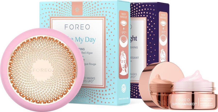 FOREO Hyper Hydra UFO 3 Bundel Hydratatie + 14 UFO Geactiveerde Maskers + Hydraterend Nachtmasker 15 ml Rood Licht Therapie Thermo & Cryotherapie T-Sonic Massage Anti-aging Huidverzorging