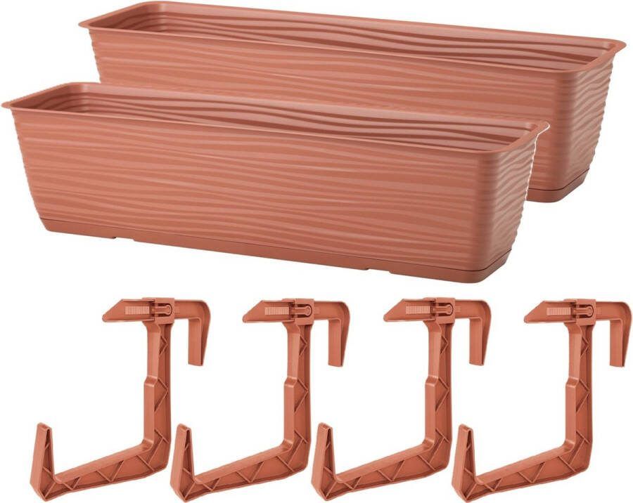 Form Plastic Balkon plantenbak Balustrade 2x incl ophangbeugels kunststof terracotta L60 x B17 x H14