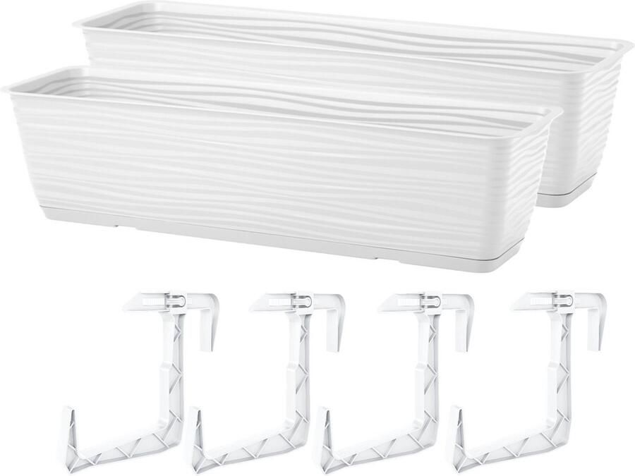 Form Plastic Balkon plantenbak Balustrade 2x incl ophangbeugels kunststof wit L60 x B17 x H14