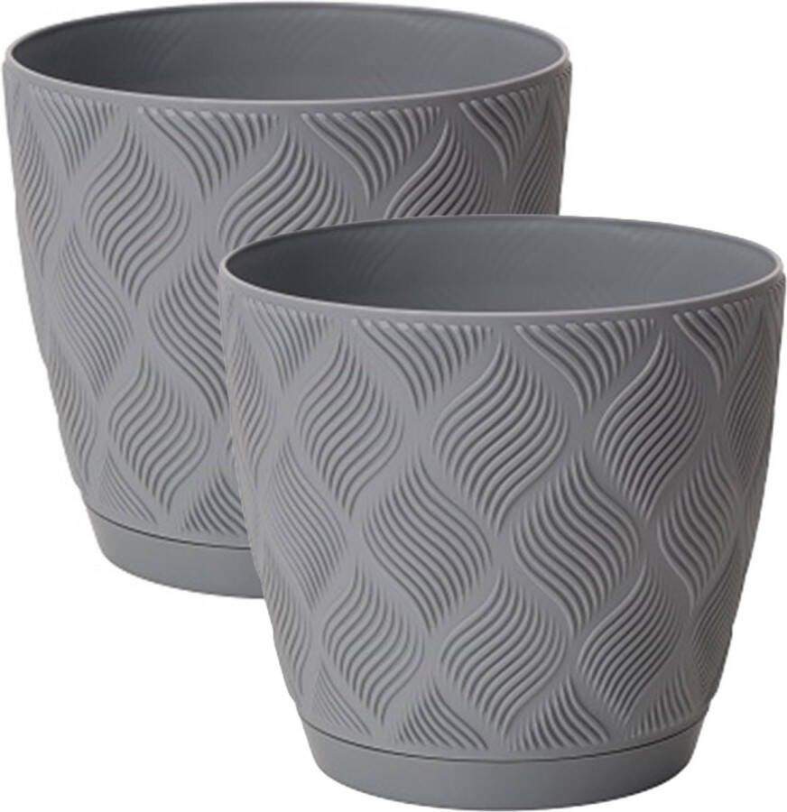 Form Plastic Plantenpot bloempot New Age 2x kunststof platina grijs D19 x H17 cm met opvang schotel rond