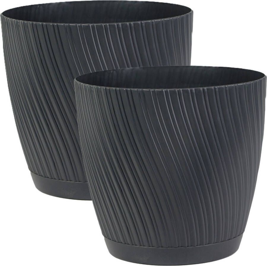 Form Plastic Plantenpot bloempot Waves 2x kunststof antraciet D17 x H15 cm met opvang schotel rond