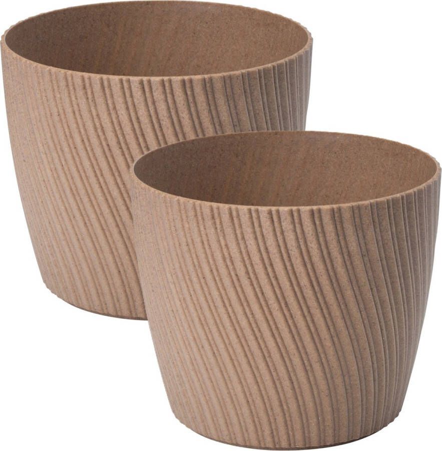 Form Plastic Plantenpot bloempot Waves 2x kunststof lichtbruin D17 x H14 cm rond