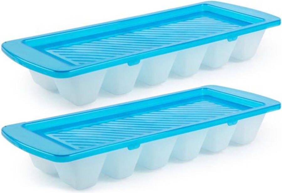 Forte Plastics 2x Ijsblokjes ijsklontjes vormen met deksel blauw 12 stuks Ijsblokjes ijsklontjes makers