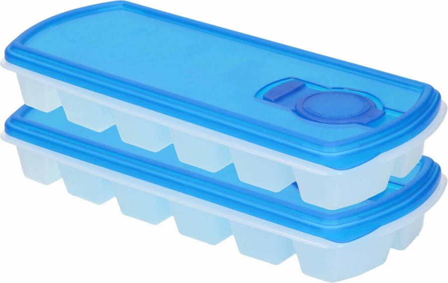 Forte Plastics 2x Ijsblokjes ijsklontjes vormen met deksel blauw 12 stuks Ijsblokjes ijsklontjes makers