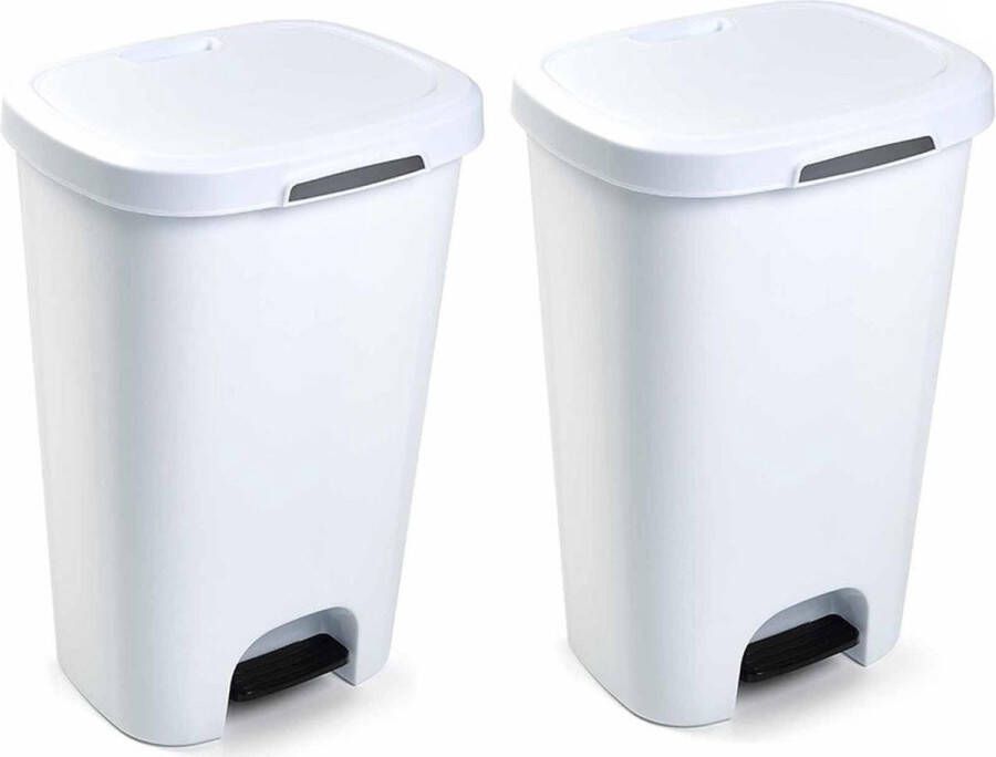 Forte Plastics 2x Kunststof afvalemmers vuilnisemmers wit 50 liter met deksel en pedaal Vuilnisemmers vuilnisbakken prullenbakken Kantoor keuken prullenbakken