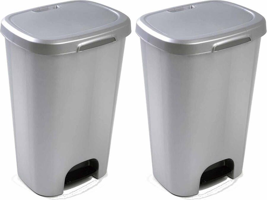 Forte Plastics 2x Kunststof afvalemmers vuilnisemmers zilver 50 liter met deksel en pedaal Vuilnisemmers vuilnisbakken prullenbakken Kantoor keuken prullenbakken