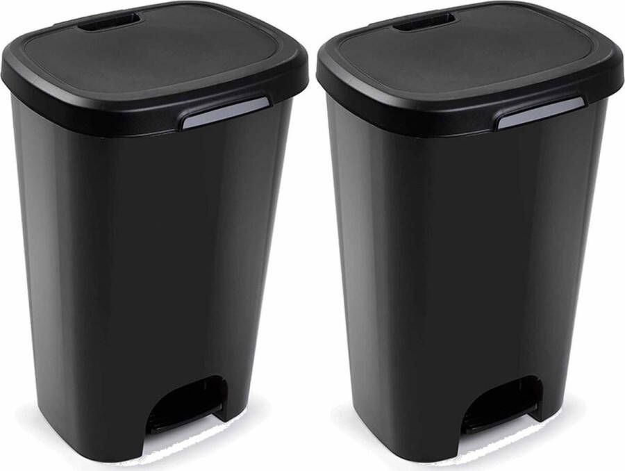 Forte Plastics 2x Kunststof afvalemmers vuilnisemmers zwart 50 liter met deksel en pedaal Vuilnisemmers vuilnisbakken prullenbakken Kantoor keuken prullenbakken