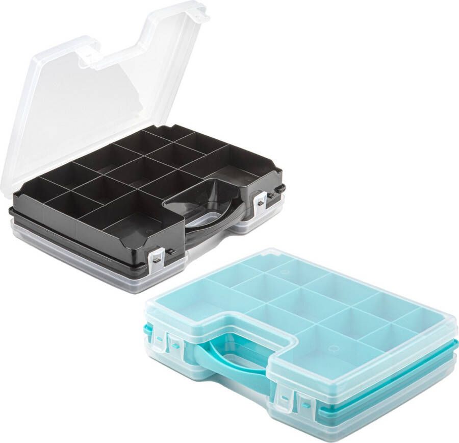 Forte Plastics 2x Opberg vakjes doos Sorteerbox 21-vaks kunststof 28 x 21 x 6 cm zwart blauw Opbergbox