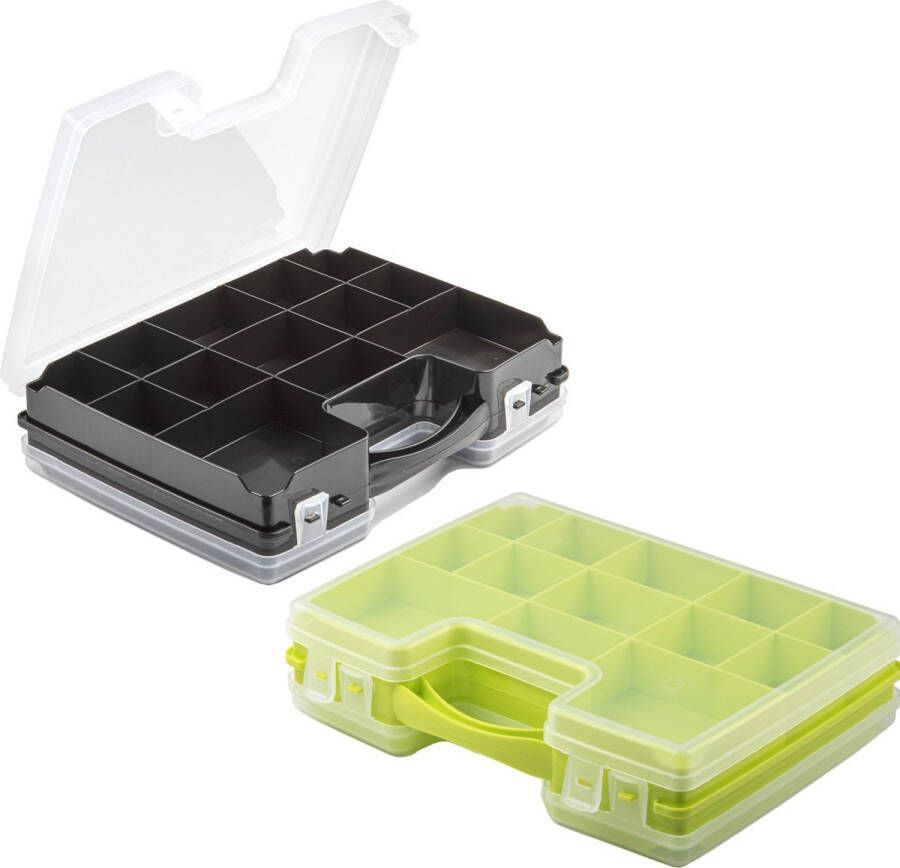 Forte Plastics 2x Opberg vakjes doos Sorteerbox 21-vaks kunststof 28 x 21 x 6 cm zwart groen Opbergbox