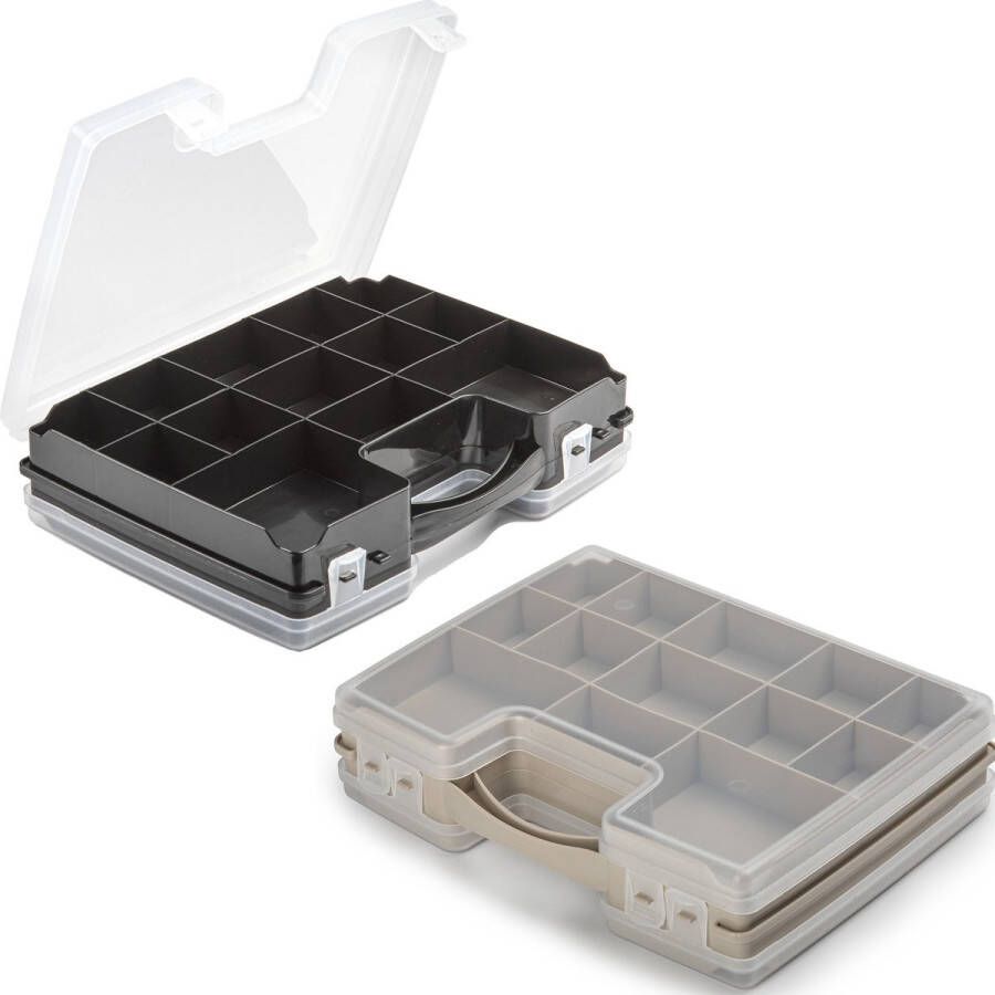 Forte Plastics 2x Opberg vakjes doos Sorteerbox 21-vaks kunststof 28 x 21 x 6 cm zwart taupe Opbergbox