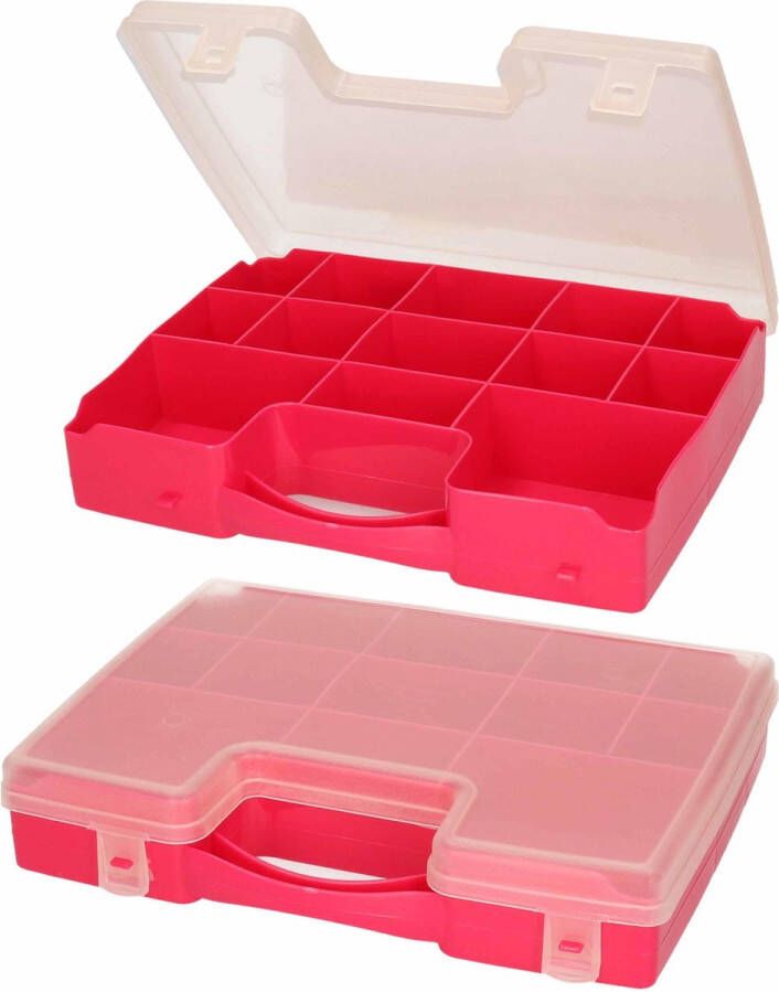Forte Plastics 2x Opbergkoffertje opbergdoosjes 13-vaks fuchsia roze Sorteerdoos box Opbergers 27 5 x 20 5 x 3 cm